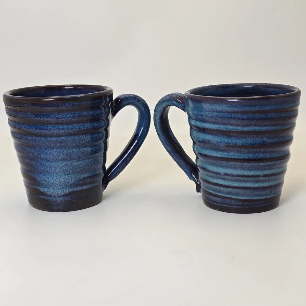 Rackliffe Pottery Blue Hill Maine Pair Signed Studio Pottery Blue Mugs - Picture 5 of 11